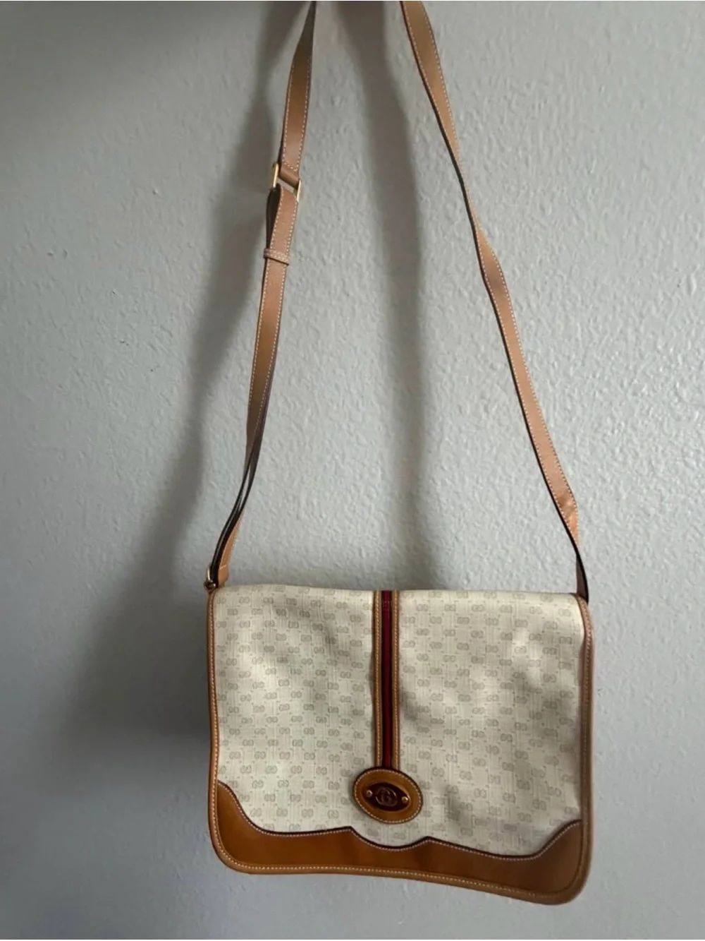 GG Beige Canvas Messenger Bag with Tan Leather Trim and Stripe
